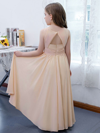 Robe de demoiselle d'honneur en mousseline de soie plissée col bijou sans manches champagne