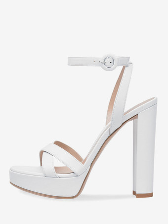 ブロックヒールサンダル　2025　ホワイト　オープント　ゥアンクルストラップサンダルシューズレディース　ハイヒールサンダル