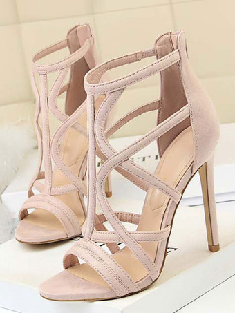 肌色女性用ハイヒールサンダルブラックオープントゥストラップ付きスティレットサンダル