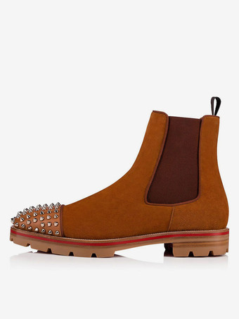 メンズ チェルシー スパイクブーツ スエードレザー ラウンドトゥ チャンキーラグソール 伸縮性のあるガセット プルタブ スリップオン アンクルブーツ