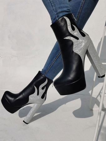 女性の炎のプラットフォームチャンキーヒールアンクルブーツ