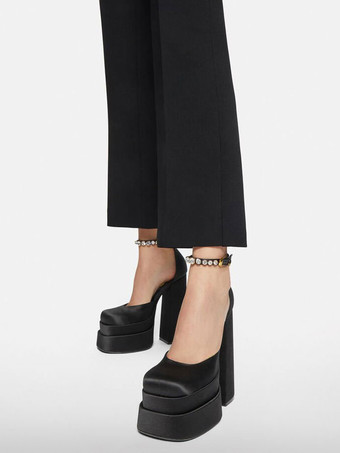 女性のチャンキープラットフォームヒールブライダルウェディングシューズ、ラインストーンアンクルストラップ付き