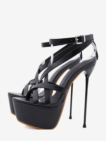 女性のセクシーなサンダルブラックPUレザーオープントゥハイスティレットヒールサンダル