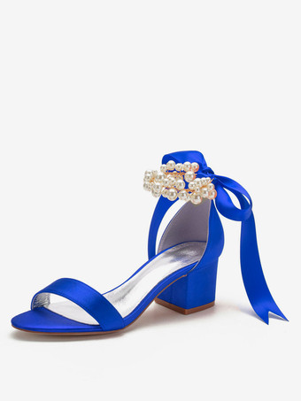 女性用サテンアンクルストラップローブロックヒールウェディングブライダルサンダル、ボウパール付き