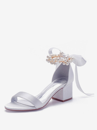 ホワイト 女性用サテンアンクルストラップローブロックヒールウェディングブライダルサンダル、ボウパール付き