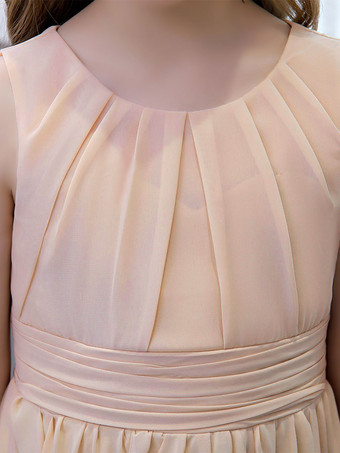 Robe de demoiselle d'honneur en mousseline de soie plissée col bijou sans manches champagne