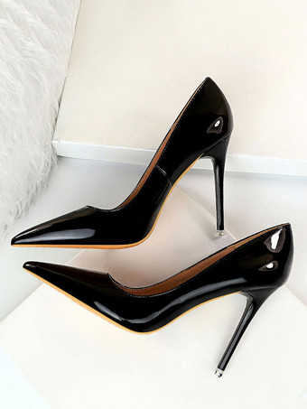 ブラック ハイヒール ポインテッドトゥ パンプス 靴の甲の素材：パテント PU ホワイト 10.5cm スリップオン ピンヒール シューズ 無地 レディース靴 結婚式 二次会 通勤用 仕事 キャバ 卒園式