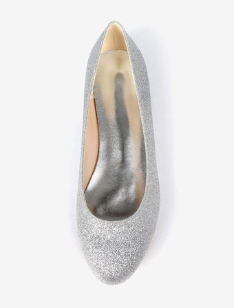 銀の結婚式の靴花嫁介添人の靴の女性のバレエフラットの上でキラキララウンドトゥスリップ