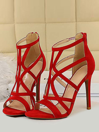 レッド 女性用ハイヒールサンダルブラックオープントゥストラップ付きスティレットサンダル