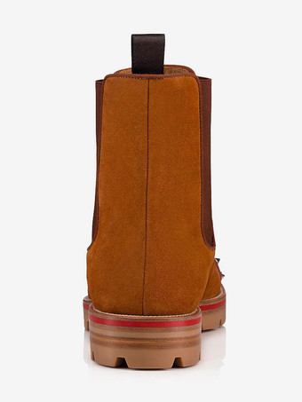 メンズ チェルシー スパイクブーツ スエードレザー ラウンドトゥ チャンキーラグソール 伸縮性のあるガセット プルタブ スリップオン アンクルブーツ