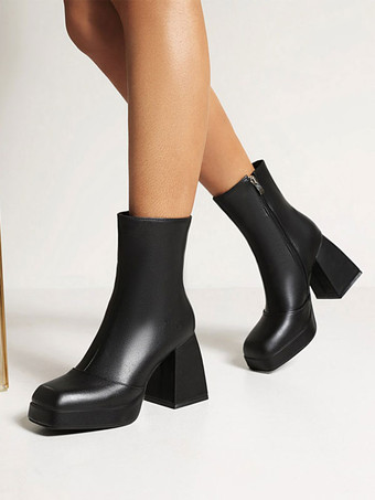 レディース ピンク ブーティ プラットフォーム スクエアトゥ ブロックヒール アンクルブーツ