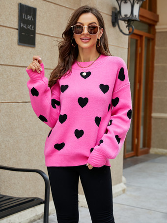Pullover per donna Maglioni in acrilico a maniche lunghe con collo gioiello bicolore rosa