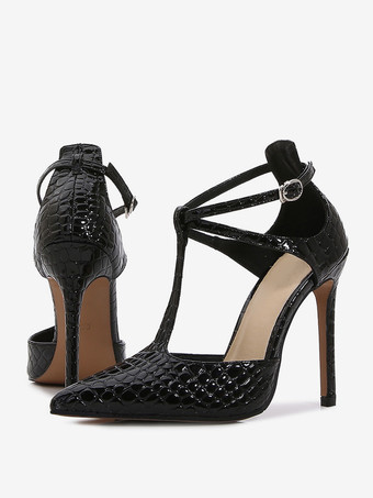 レディースブラックTストラップヒール尖ったつま先スティレットヒールポンプ
