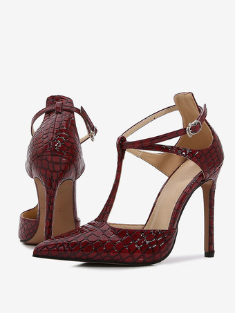 レディースブラックTストラップヒール尖ったつま先スティレットヒールポンプ