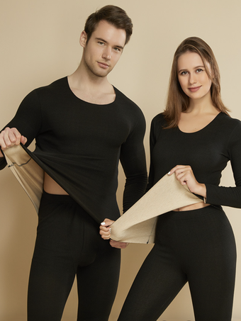 ブラック ホームウェアセット 保温下着 ライトグレー ジュエルネック 長袖 冬用 ポリエステル 室内用トップスとパンツ