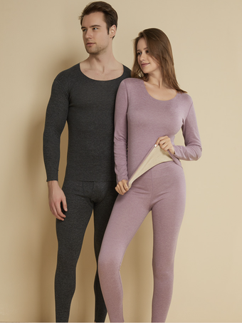 パープル ホームウェアセット 保温下着 ライトグレー ジュエルネック 長袖 冬用 ポリエステル 室内用トップスとパンツ