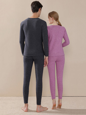 ホームウェアセット 保温下着 カメオ ピンク 冬 ジュエルネック 長袖 カジュアル インドア ポリエステル トップスとパンツ