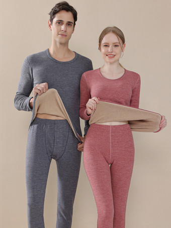Home Wear Sets Thermal Underwear Cameo Pink Winter Jewel Neck Long Sleeves Casual Indoor Tops And Pants