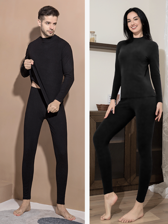 ブラック ホームウェアセット 保温下着 ピンク 冬 ジュエルネック 長袖 カジュアル インドア ポリエステル トップスとパンツ