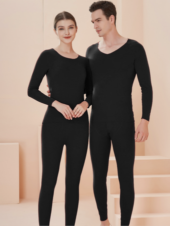 Black Home Wear Sets Thermal Underwear Black Winter Jewel Neck Long Sleeves Solid Indoor Tops And Pants