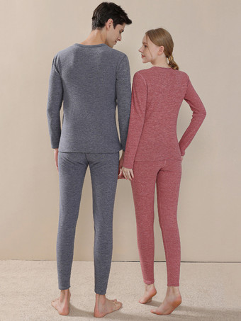 ホームウェアセット 保温下着 カメオ ピンク 冬 ジュエルネック 長袖 カジュアル インドア ポリエステル トップスとパンツ