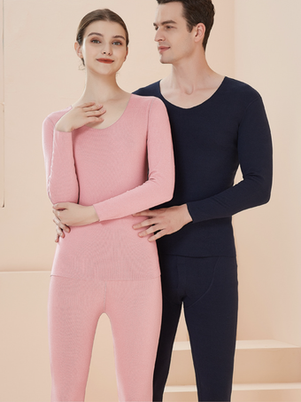 PinkHome Wear Sets Thermal Underwear Black Winter Jewel Neck Long Sleeves Solid Indoor Tops And Pants