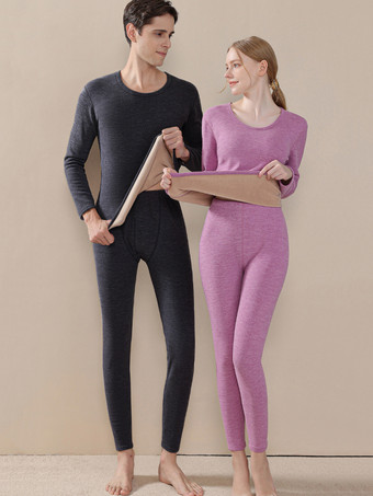 パープル ホームウェアセット 保温下着 カメオ ピンク 冬 ジュエルネック 長袖 カジュアル インドア ポリエステル トップスとパンツ