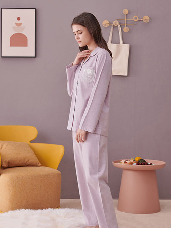 パープル ホームウェア 2ピース ターンダウンカラー 長袖 コットン レディース 冬 暖かい 部屋着