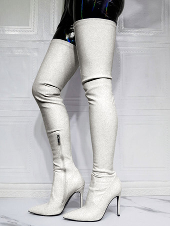 シルバー ブラック サイハイ ブーツ セクシー ポインテッド トゥ オーバー ザ ニー ブーツ