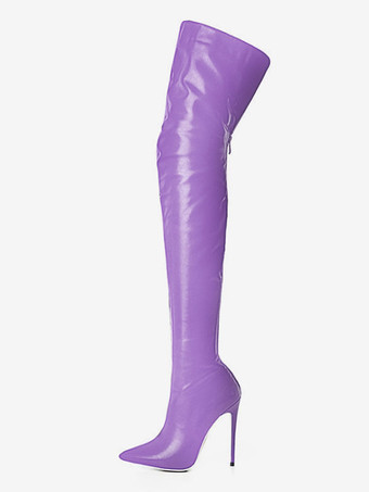 パープル サイハイブーツ ブラック ニーハイブーツ ハイヒールブーツ ポインテッドトゥ ジップアップ