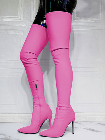 ローズレッドブラック サイハイ ブーツ セクシー ポインテッド トゥ オーバー ザ ニー ブーツ