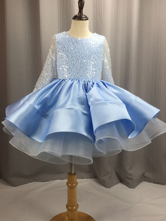 ベビーブルーフラワーガールドレスチュールビーズジュエルネック長袖シャンパン
