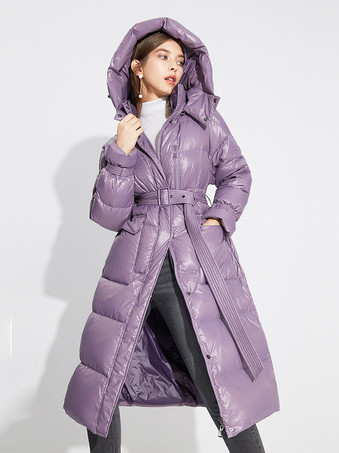Hooded Down Coat Purple Long Puffer Belted Winter Outerwear For Women