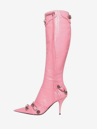 Женские сапоги до колена классические винтажные ботинки на шпильке с острым носком и заклепками на каблуке