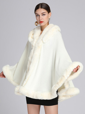 Women's Faux Fur Shawl Hooded Cape Coat Jacket Cardigan Bridal