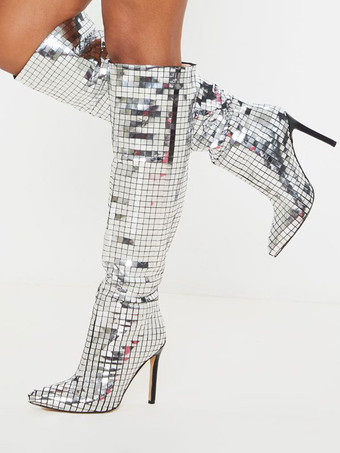 Women's Mirror Disco Ball Knee High Bright Leather Heeled Prom Party Boots