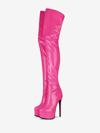 ローズレッドニーハイブーツ レザープラットフォーム ラウンドトゥ ブライトレザー ジップアップ ハイヒール サイハイブーツ