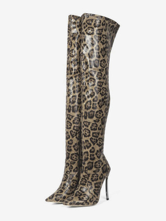 Botas de mujer Tacón de aguja con estampado de leopardo Botas sobre la rodilla de cuero PU