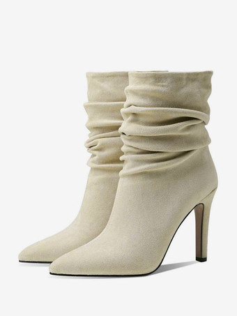 Женщина Mid Calf Boots ECRU белый микро замшевая верхняя заостренный носок
