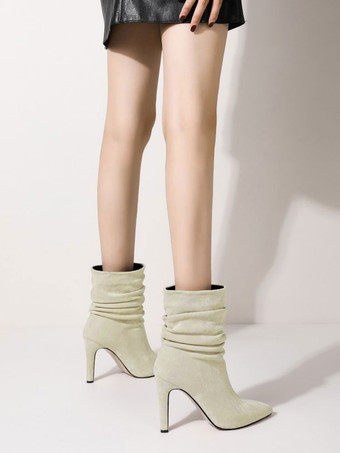 女性ミッドカーフブーツECRUホワイトマイクロスエードアッパーポイントトゥスティレットヒールブーティ