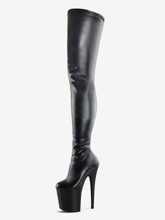 PUブラック女性のセクシーなブーツラウンドトゥレースアップジッパースティレットヒールレイブクラブ黒サイハイブーツ膝上ブーツ ポールダンスシューズ