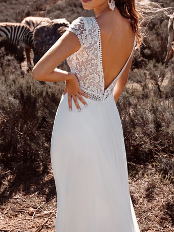 アイボリー ボヘミアン ウェディングドレス レース Aライン トレーン付き バックレス 半袖 Vネック ブライダルドレス 無料カスタマイズ