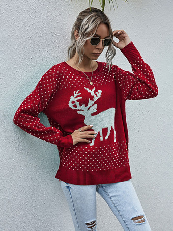 Christmas Pullover Sweater Elk 2023 Red Knit Tops para mujer