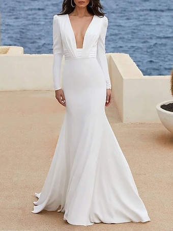 Simple Wedding Dress Mermaid V-Neck Long Sleeves Bridal Gowns Free Customization