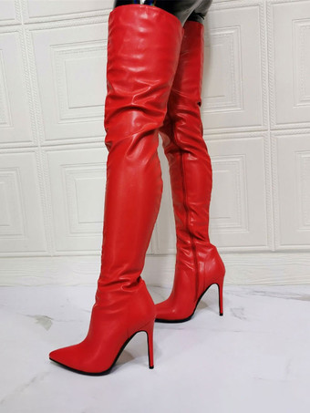 レッド 女性のセクシーな膝上ブーツ スティレット ヒール サイ ハイヒール ブーツ