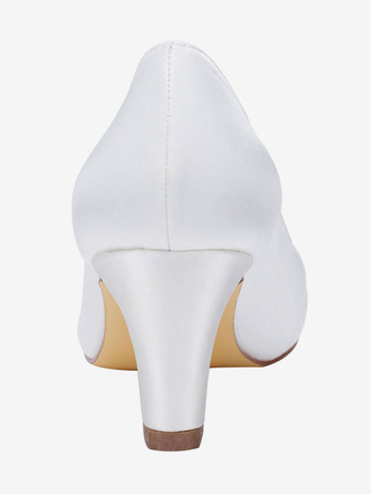 アイボリーウェディングシューズサテンラウンドトゥチャンキーヒールスリップオンブライダルシューズ