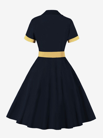 レトロワンピース　1950年代オードリー・ヘップバーン風　ブルーグレー　半袖　二次会　お呼ばれ　発表会　ロカビリーワンピース