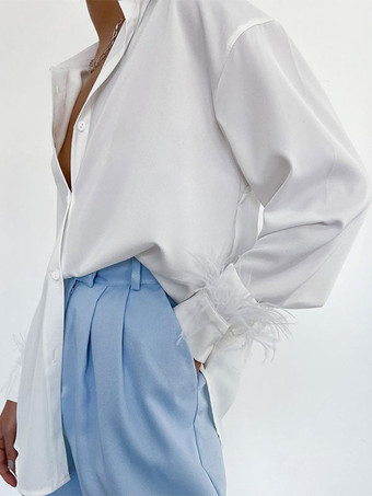 ホワイト 女性用ブラウス ローズフェザー Vネック クラシック 長袖 ポリエステル トップス