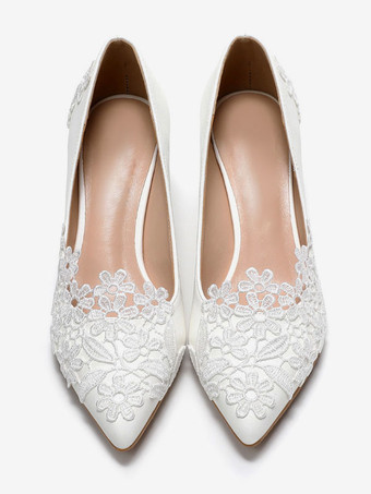 ウェディングシューズPUレザーホワイトポインテッドトゥフラワースチレットヒールスリップオンパンプス