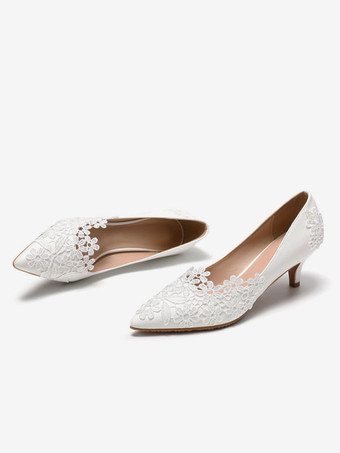 ウェディングシューズPUレザーホワイトポインテッドトゥフラワースチレットヒールスリップオンパンプス